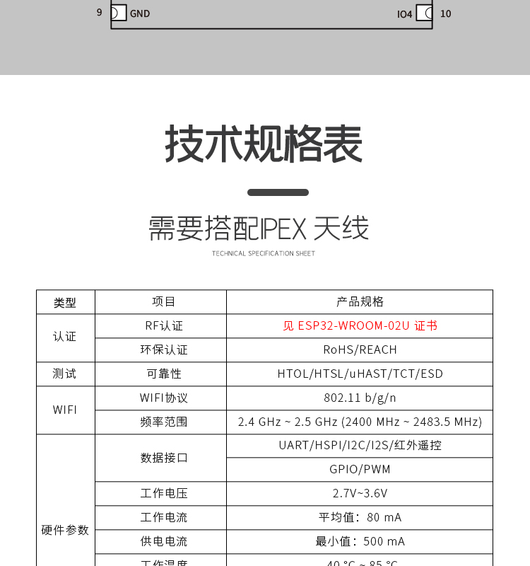 esp8266樂(lè)鑫官網(wǎng)ESP-WROOM-02D/02U無(wú)線wifi模組集成ESP8266EX的貼片式模組